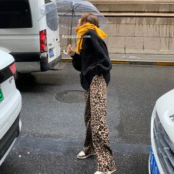 Novi korejski leopard tiskanja širok noge hlače visoko pasu ravne cevi priložnostne ohlapno, tanko pp hlače ženske modni sweatpants ženske