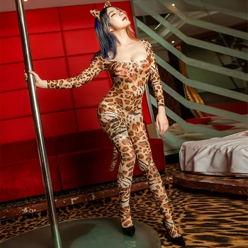 Odraslih Spolne Fantazije Cosplay Skušnjavi, Obleka, Sexy Odprite Mednožje Leopard Jumpsuit Backless Glej Skozi Porno Stranka Obleka Lady