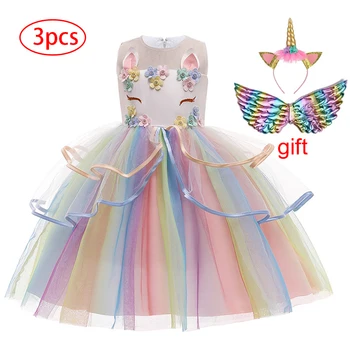 Otroci Obleko 2021 Cvet Dekleta Poročno Obleko Otrok Rojstni dan Zvečer Uspešnosti Obleke 3pcs Rainbow Unicorn Vestido 10Y