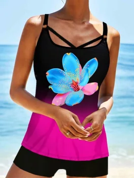 Plus Velikost 8XL Ženske Tankini Hlače Retro Tiskanja Cvetlični Dame Kopalke Bikini Komplet Dveh Kosov Kopalke Tankini Plažo