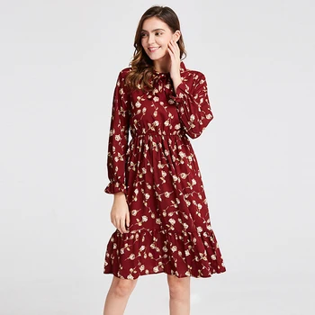 Plus Velikost Ženske Oblačila z Dolgimi Rokavi Šifon Majica Obleke Za Ženske Rdeča Lok Cvetlični Klub Stranka Jeseni, Pozimi 2020 Ženska