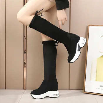 Pozimi Toplo Močen Platformo Dolgo Škornji Ženske Modni Čipke Jate Kolena Visoki Škornji Ženska Višino Narašča Elastična Škornji Črni