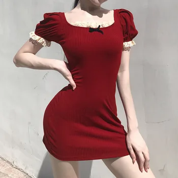 Rdeča Letnik Poletni Ženske Bowknot Suh Mini Obleka Black Visoko Pasu Bodycon Plašč Obleke za Ženske do leta 2020 Vroče Prodaje Kratek Rokav