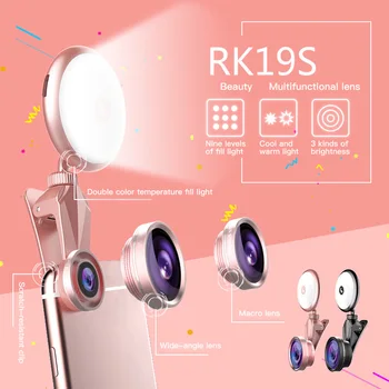 RK19S 9 Ravni Lepote Fill Light z Makro Wide Angle Fisheye Objektiv led Selfie Ring Flash svetlobe za mobilni telefon Ustrelil 4600K