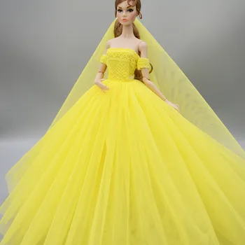 Rumena Moda Poročno Obleko za Barbie Doll Obleke, Večerne Obleke Obleke Dolgo Obleko Obleke S Tančico 1/6 Lutka Dodatki