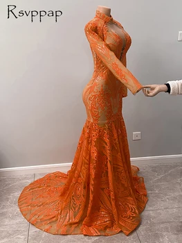 Sparkly Oranžna Dolgo Prom Obleke 2020 Visoko Vratu Dolg Rokav Visoko Vratu Seksi Afriške Ženske Črna Dekleta Morska Deklica Bleščica Maturantski Oblek
