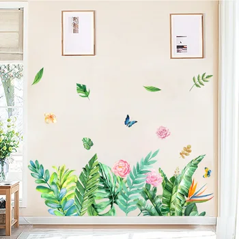 Sveže Zelene Rastline Stenske Nalepke Barvit Cvet Home Decor Art Listov Ozadja Beautiful Butterfly Soba Dekoracijo Izmenljive