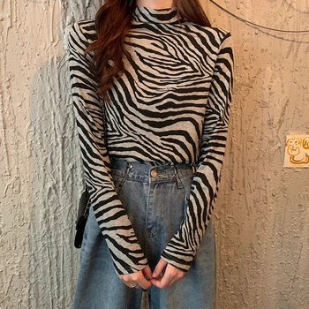 T-shirts ki se Ženska Pomlad Jesen Zebra Natisnjeni Moda Pol Turtleneck High Street Mode korejskem Slogu Elegantna Ženska Dame Vroče Prodaje