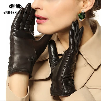 Tople zimske ženske usnjene rokavice, vezenih kvadratnih kratek toplo pravega usnja zimske rokavice ženske ovčje kože rokavice L121NC
