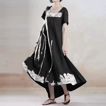 ZANZEA Elegantno Natisnjeni Midi Obleko 2021 Žensk Cvetlični Sundress Poletje Priložnostne Kratek Rokav Visoka Nizka Vestidos Ženski Plašč Femme