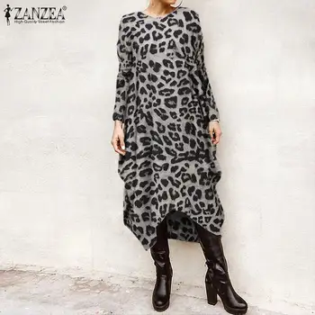 ZANZEA Ženske Midi Obleko Pomlad Moda Leopard Sundress Priložnostne Dolg Rokav Tiskanja Stranka Asimetrični Vestido Ženska Tunika Robe