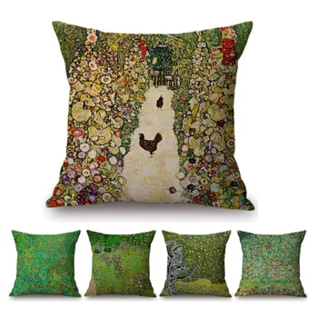 Zelena Kmetiji Pokrajino Gustav Klimt, Ki Jih Oljna Slika Dekoracijo Umetnosti Vrgel Blazino Za Kavč Pastorala Drevesa, Rože Perilo Blazine Kritje Primera