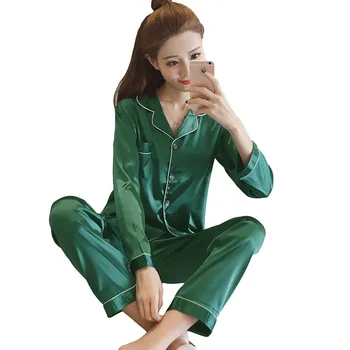 Ženske Sleepwear Umetno Svilo Saten Pižamo Nastavite Dolg Rokav Sleepwear Proti-vrat Barva Dveh kosov Ženskih Homewear