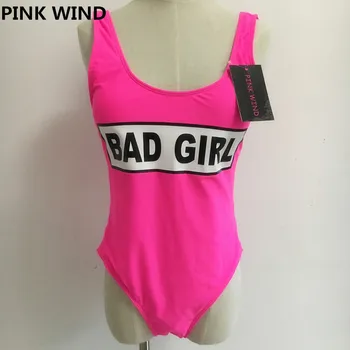 2018 Neon Roza Bad Girl Pismo Tiskanja Športne En Kos Kopalke Dres, Kopalke Monokinis Push Up Plavati Obleke trajes de bano ženske