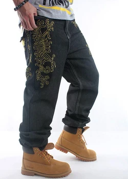 2019 Novo Črno mens hip hop zlato vezenje svoboden vrečasta slog fant traper hlače moške jeans hlače plus size30-46