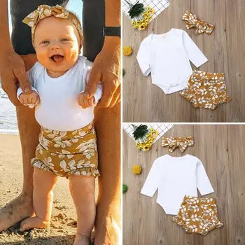 2019 Poletje Newborn Baby Dekleta Oblačila Vrh Romper Cvetlični Hlače Hlače za Poletno Obleko 3PCS