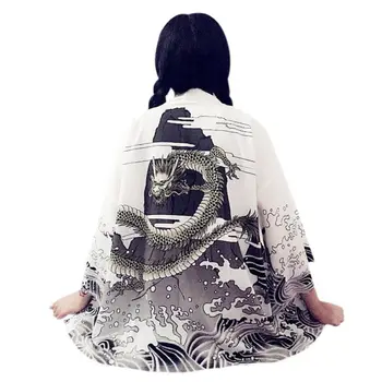 2020 Kimonos Ženske Japonski Kimono Zmaj Valovi Tiskanja Jopico Majica Ženska Yukata Poletje Šifon Bluzo
