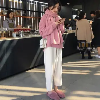 2020 korejska različica volnene ravne cevi širok noge hlače ženske nežen stil študent svoboden pomlad novo obleko visoko pasu