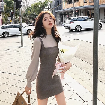 2020 Tople Pletene Jeseni, Pozimi Obleko Mozaik Korejski Bodycon Obleko Stretch Ženska Mini Obleka Haljo Pletene Dolg Rokav Obleka