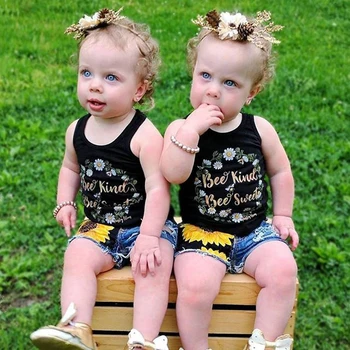 2pcs Malčka Otrok Baby Dekle Oblačila, ki brez Rokavov Cvetlični Crop Tops+Print Sončnično Ripped Kavbojke Traper Hlače Obleko