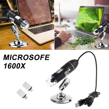3-v-1 Digitalni Mikroskop 1600X Prenosni 2 Adapterjev za Podporo OSX, Windows PC Tipa C Mikro-USB Telefon USB Lupo z 8 LED
