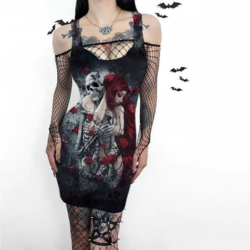 3D Halloween Party Dress Lobanje Cvet Tiskanja Y2k Ženske Obleke brez Rokavov Punk Gothic Harajuku Obleko Seksi Ulica Ženske Oblačila