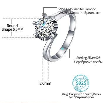 ATTAGEMS Trdna 925 Sterling Srebro Ženske ' s Diamond Obroči 1.0 ct DEF Barve VVS Moissanite Diamond Solitaire Udejstvovanje Obroči