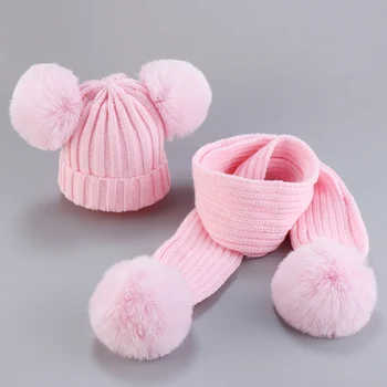 Baby Obleko 2020 Novo Zimsko Pokrivalo Za Fante, Nit Barvo Ujemanje Volnene Žogo Otrok Klobuki Baby Knitting Klobuki Niz Kapo In Šal