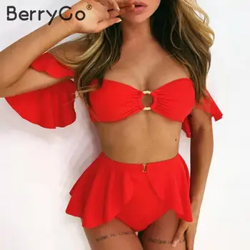 BerryGo Visoko pasu bikini Mujer Off ramenski kopalke ženske Push up kopalke Seksi obroč kopalke ženske Ruffle bikini komplet