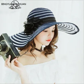 BINGYUANHAOXUAN Hepburn elegantno očesa preje skupaj klobuk ženskih poletnih korejski proge Sonce dežnik plaži klobuk počitnice plaže klobuk