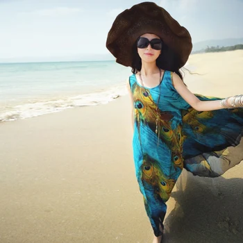 Boho Long Beach Šifon Pav Rep Vzorec Sonce-dokazilo Obleko XXL Svoboden Vestidos Ženske Poletje Maxi Stranka Obleko