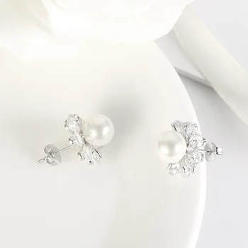 Cvet bele naravnih veliki biseri srebro stud uhani cirkonij Ženska uhani v fine nakit 925 sterling srebro 2019 moda