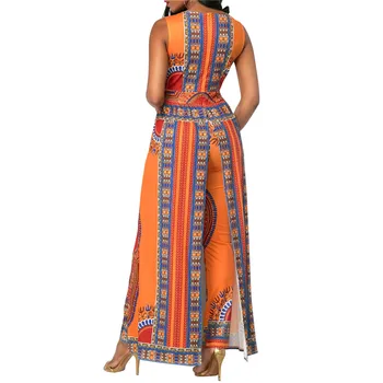 Dashiki Etnične Afriške Tiskanja Jumpsuit Seksi Romper Ženske Proti-vrat brez Rokavov Indie Folk Kombinezon Elegantno Oranžna Enem Kosu Jumpsuit