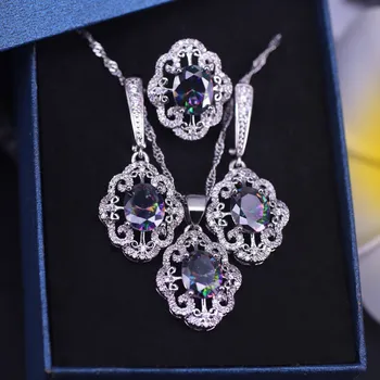 Dubaj luksuznem slogu mavrice CZ Srebrne Barve, Nakit, uhani, ogrlica, prstan set za ženske najboljši želijo darilo za ženske