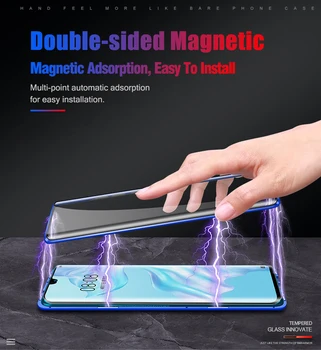 Dvojno stranicami Magnetni 360 Zaščito Primeru Za Čast 10 lite 10i 20i 30 s X10 9X, Kaljeno Steklo, Kovinski Pokrov Za huawei p30 pro P40