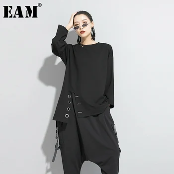 [EAM] Žensk Black Asimetrični Šiv Velike Velikosti T-shirt Nov Krog Vratu Dolg Rokav Moda Plima Pomlad Jesen 2021 1S190