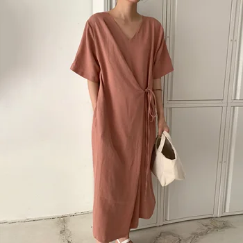GALCAUR korejski Obleka Ženska V Vratu Kratek Rokav Visoko Pasu Čipke Tunika Ruched Oversize Asimetrične Maxi Obleke, Ženski Novo 2020