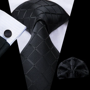 Hi-Tie Business Black Luxury Kariran Mens Kravato Svile Nickties Modno Kravato Verige Hanky Zapestne Gumbe, Set Design, Darilo Za Moške Poročne
