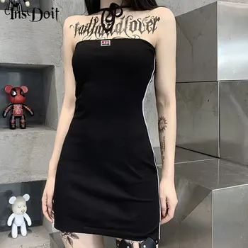 InsDoit Ženske Seksi Gothic Povodcem Črna Mini Obleka Harajuku Pismo Tiskanja Bodycon Obleko Ulične Backless Visoko Pasu Režejo Obleko