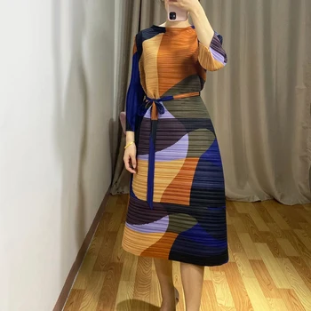 Jeseni leta 2020 poletje priložnostne sundresses stojalo ovratnik geometrijski vzorec tiskanje velikih velikosti modi Miyake nabrano obleko 903