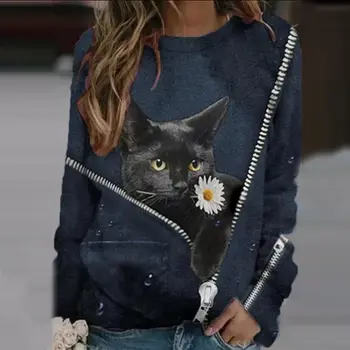 Kawaii Black Cat Zadrgo, Print Ženske Bluzo Priložnostne Srajce Posadke Vratu Dolg Rokav Gospe Tee Plus Velikost Svoboden Estetske Puloverju Vrhovi