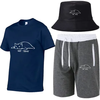 Kawaii Mačka Moški Ne Danes Smešno Grafični poletje unisex bombaža T-shirt + kratek moški + klobuk ribolov set T-shirt za moške 3 delni set