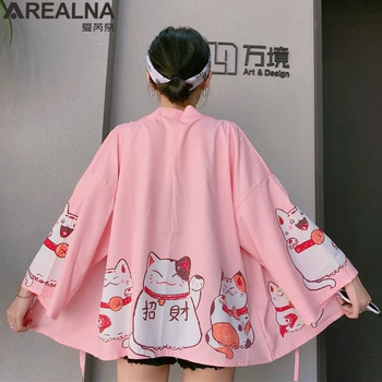 Kimono Mujer 2020 Japonskem Slogu Yukata Haori Anime Kimono Hombre Men Ženske Japonski Korejski Tanko Jopico Srečen Mačka Plaži Oblačila