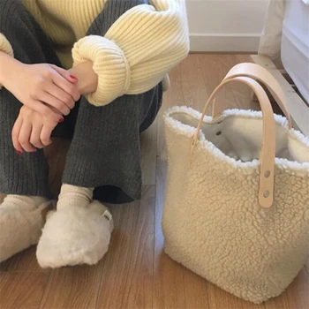 Korejski moda belo barvo jagnje, plišastih torbici ženske Veliko zmogljivosti tote vrečke Ponaredek Krzno nakupovalno vrečko 2019 nove zimske izdelki