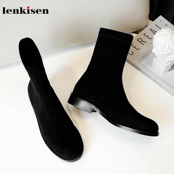 Lenkisen korejski stretch čevlji krog toe nizkih petah osnovne preprost stil pozimi toplo ženske dihanje črne barve gleženj škornji L01