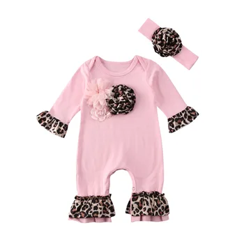 Ljubek Dojenček Romper 2PCS Newborn Baby Dekle Zimska Oblačila Cvet Dolg Rokav Romper Jumpsuit Leopard Obleke