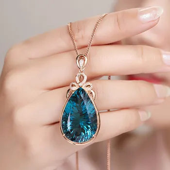 Luksuzni Big 6 Karati Blue Crystal Sapphire dragih kamnov Diamanti Obesek Ogrlice za Ženske Rose Gold Barvi Choker Nakit, Dragulji,