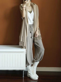 Mehka, voskasta udobno kašmir kamele hlače ženske čiste barve pletene širok noge hlače Priložnostne Ohlapno Pletene hlače ženske hlače