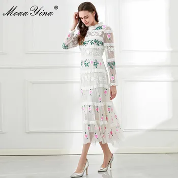 MoaaYina Modni Oblikovalec obleko Poletje Ženske obleke z Dolgimi rokavi Očesa Vezenje Kaskadne Ruffle Elegantna Počitnice Slim Obleke