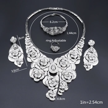 Moda Dubaj Gold Silver Plated Poročni Nakit Kompleti za Ženske Afriške Cvet Kristalno Ogrlico, Uhane, Zapestnico, Prstan